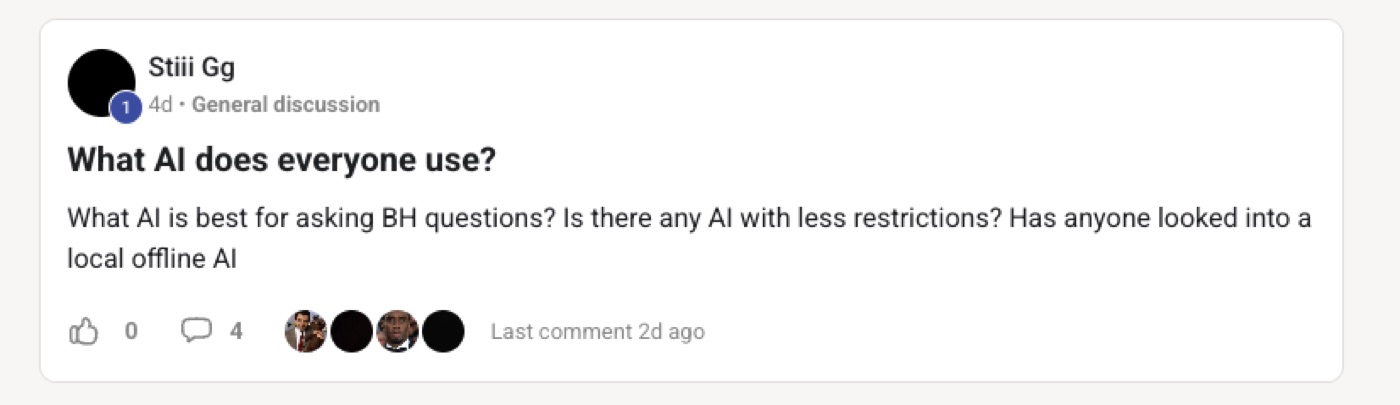 Q&A post: What AI does everyone use for BH questions
