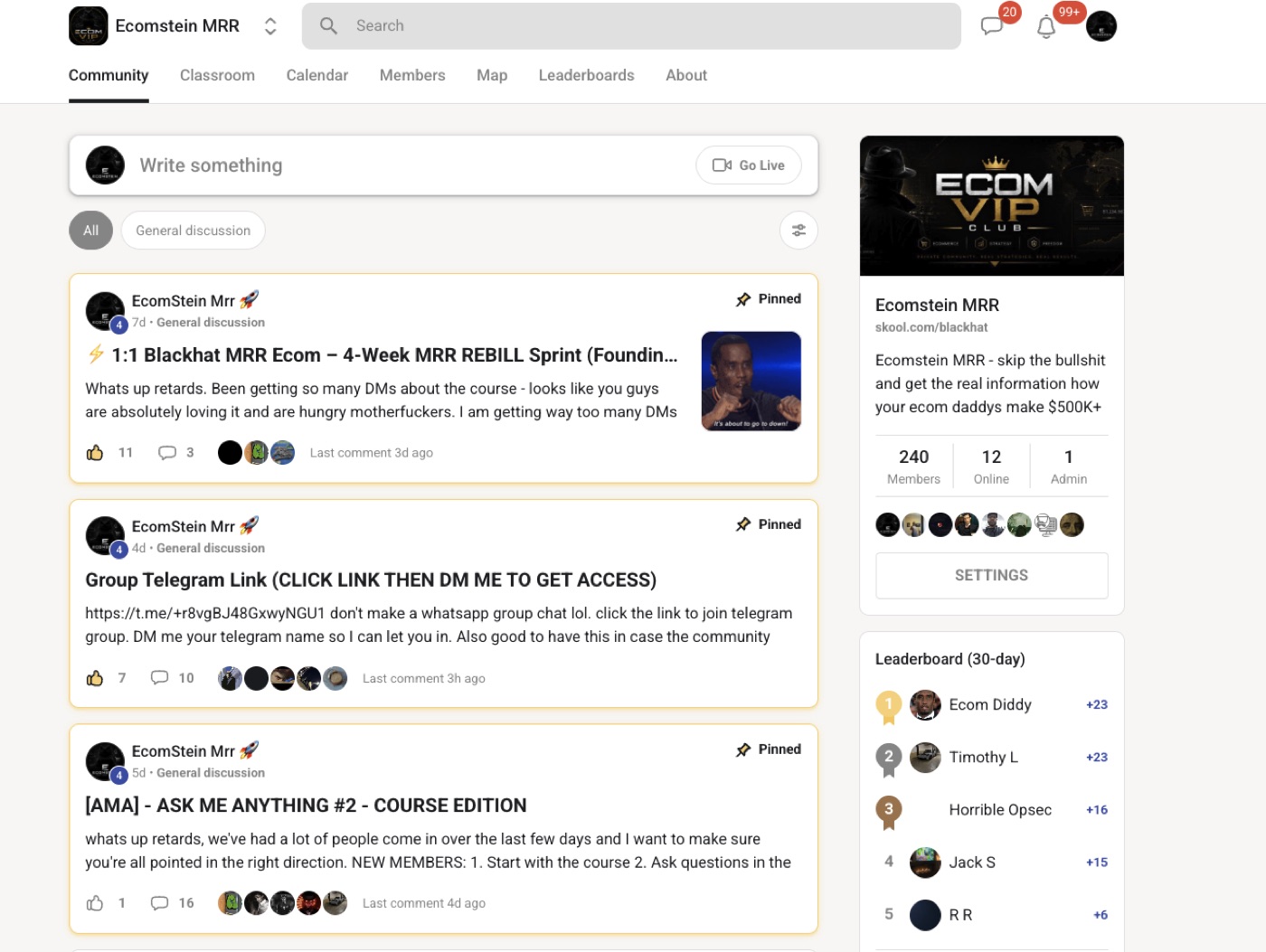 EcomStein MRR community feed — pinned AMA posts, members, leaderboard