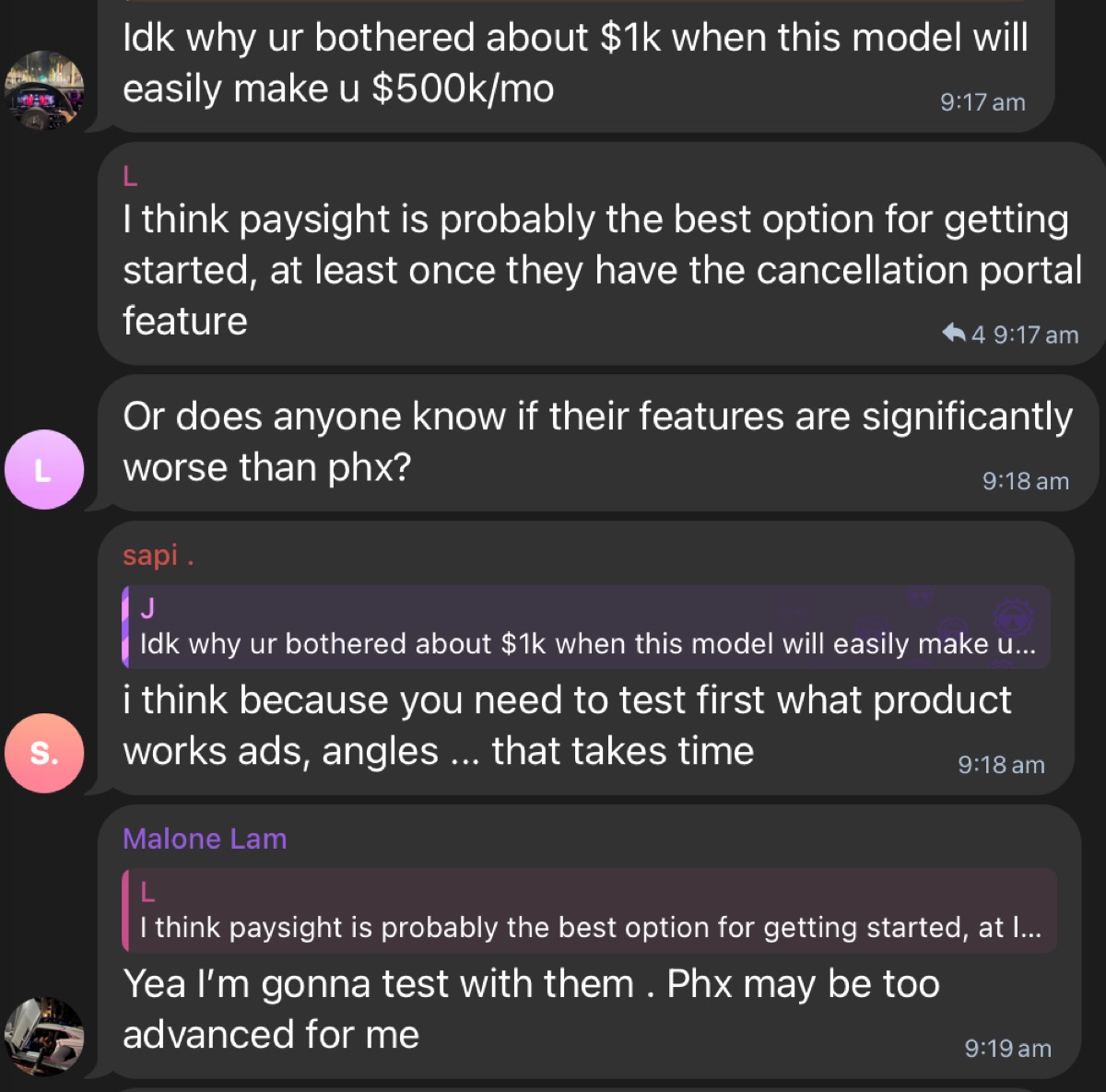Group chat: members debating payment processors — paysight vs Phoenix — and the model