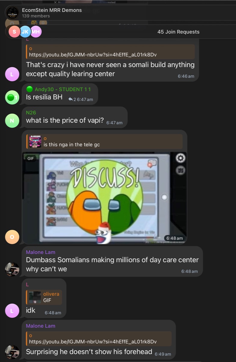 Group chat: the EcomStein MRR Demons room, members active and joking around